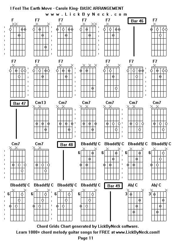 Chord Grids Chart of chord melody fingerstyle guitar song-I Feel The Earth Move - Carole King- BASIC ARRANGEMENT,generated by LickByNeck software.